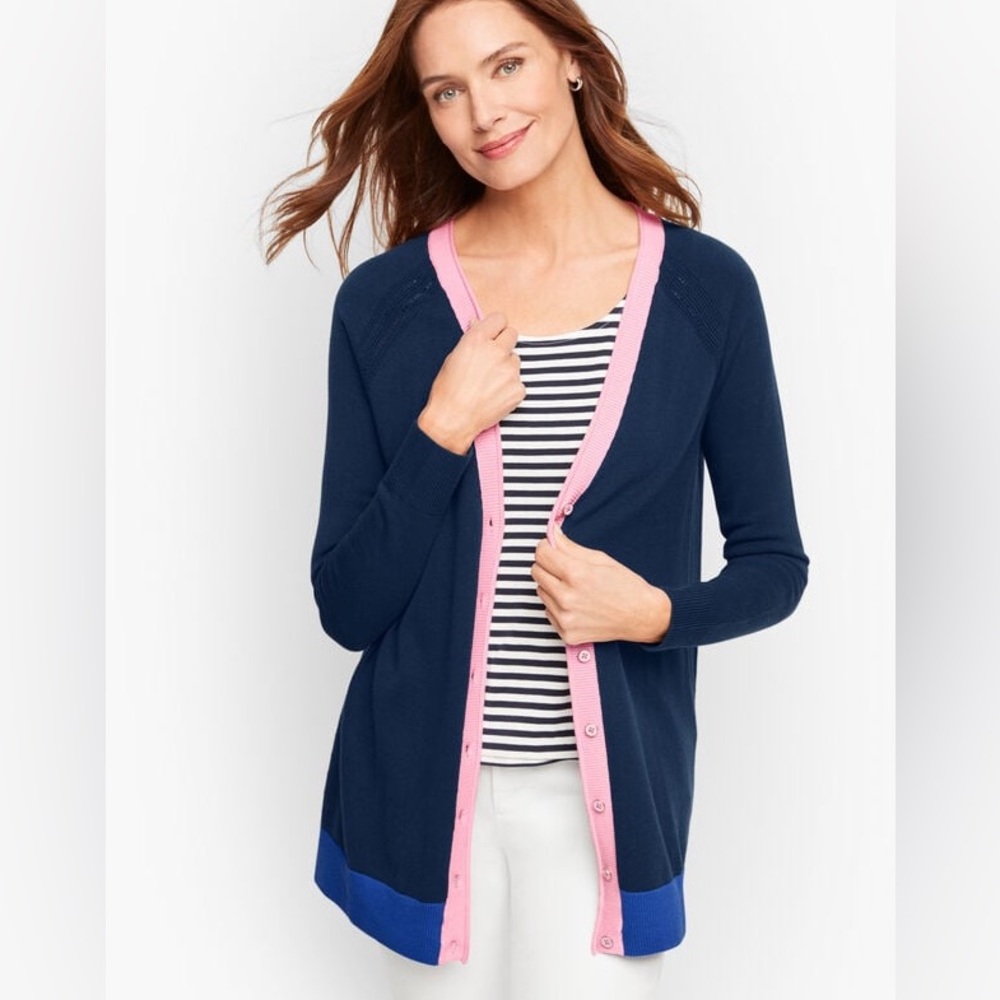 NWT Talbots GIRLFRIEND CARDIGAN TIPPED Colorblock Blue Sweater Preppy Large